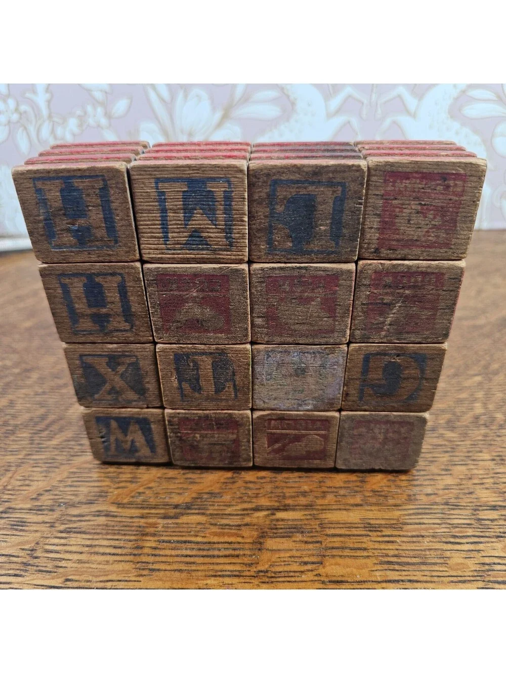 Vintage Interlocking Wooden Alphabet Blocks Lot 16 ABC Picture Toy Raised Stripe